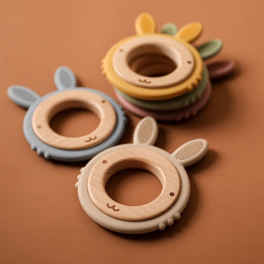 Baby Wooden Ring Silicone Teether | Beech Wood Bunny Teething Toy