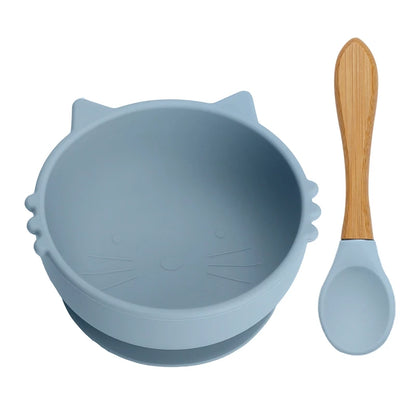 Baby Silicone Feeding Tableware Set | Cartoon Cat Silicone Bowl & Spoon, BPA Free