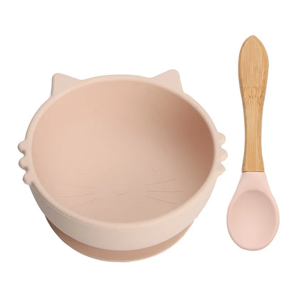 Baby Silicone Feeding Tableware Set | Cartoon Cat Silicone Bowl & Spoon, BPA Free