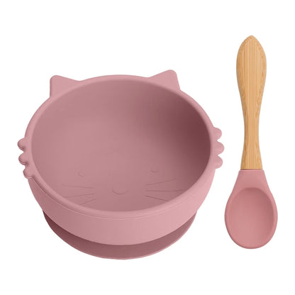 Baby Silicone Feeding Tableware Set | Cartoon Cat Silicone Bowl & Spoon, BPA Free