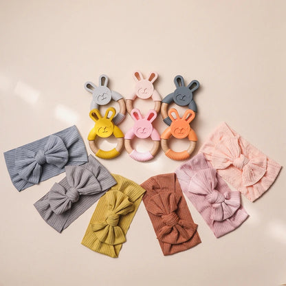 Baby Headband & Teether Set | Soft Bow Headband & Silicone Teething Toy