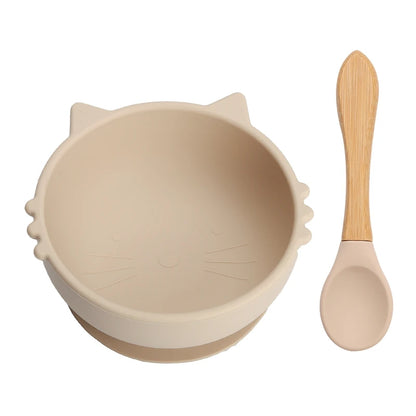 Baby Silicone Feeding Tableware Set | Cartoon Cat Silicone Bowl & Spoon, BPA Free