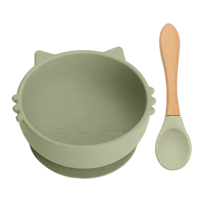 Baby Silicone Feeding Tableware Set | Cartoon Cat Silicone Bowl & Spoon, BPA Free