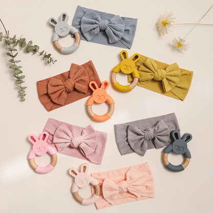 Baby Headband & Teether Set | Soft Bow Headband & Silicone Teething Toy