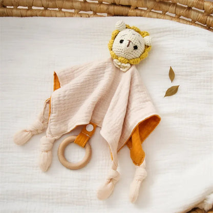 Cotton Crochet Rabbit Bear Rattle with Wooden Ring | Baby Soothing Toy