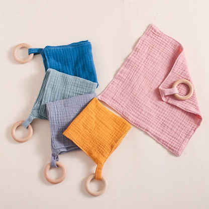 Baby Cotton Soothing Towel with Beech Wooden Ring | Newborn Teething Toy