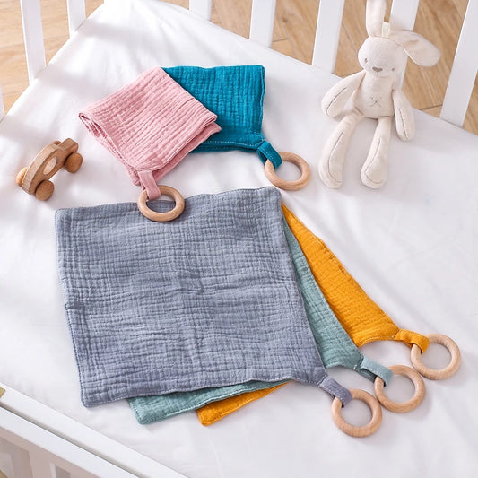 Baby Cotton Soothing Towel with Beech Wooden Ring | Newborn Teething Toy