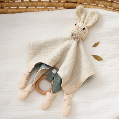 Cotton Crochet Rabbit Bear Rattle with Wooden Ring | Baby Soothing Toy