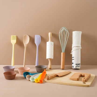 Wooden Kitchen Play Set | Cutting Tools, Silicone Spatula & Utensil Set