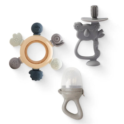 Baby Silicone Koala Toothbrush Set | Wooden Ring Teether, Toothbrush & Feeder