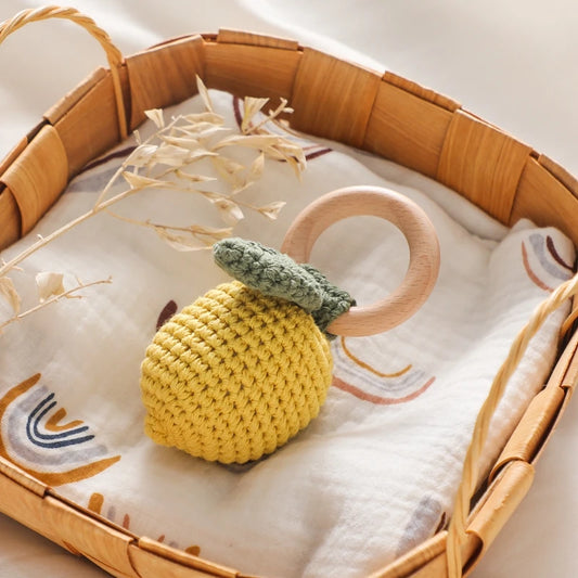 Crochet Fruit Rattle Teether | Lemon, Banana, Pear Wooden Ring