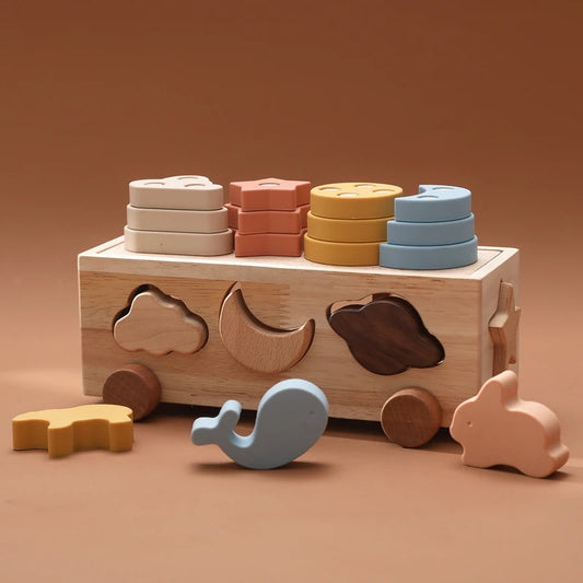 Montessori Shape Sorter Toy Wooden Pull Along Car | Shape Matching Blocks Box Educational Toy