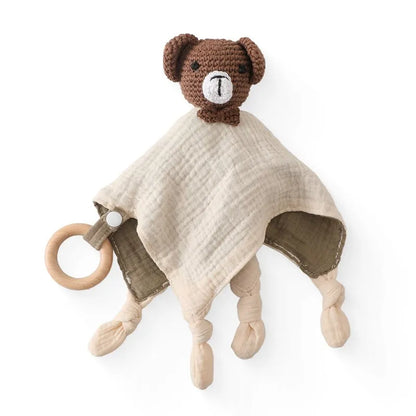 Cotton Crochet Rabbit Bear Rattle with Wooden Ring | Baby Soothing Toy