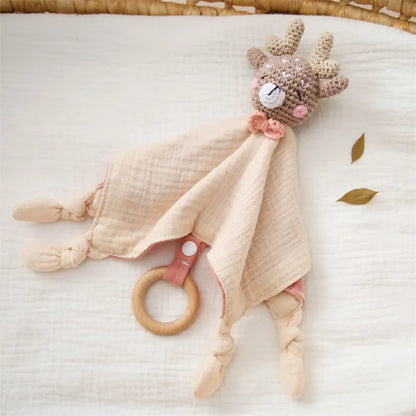 Cotton Crochet Rabbit Bear Rattle with Wooden Ring | Baby Soothing Toy