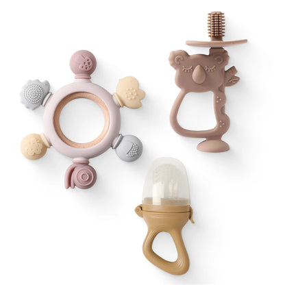 Baby Silicone Koala Toothbrush Set | Wooden Ring Teether, Toothbrush & Feeder