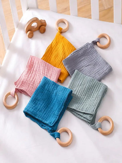 Baby Cotton Soothing Towel with Beech Wooden Ring | Newborn Teething Toy