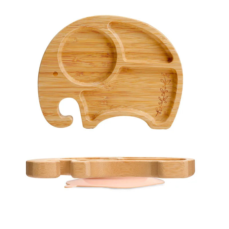 Bamboo baby plate shaped like an elephant, featuring divided sections for portion control and a suction base for stability, designed for toddler meals and baby-led weaning.