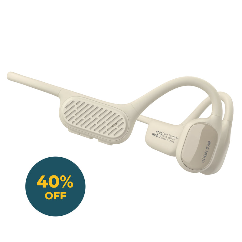 Beige open-ear bone conduction headphones.