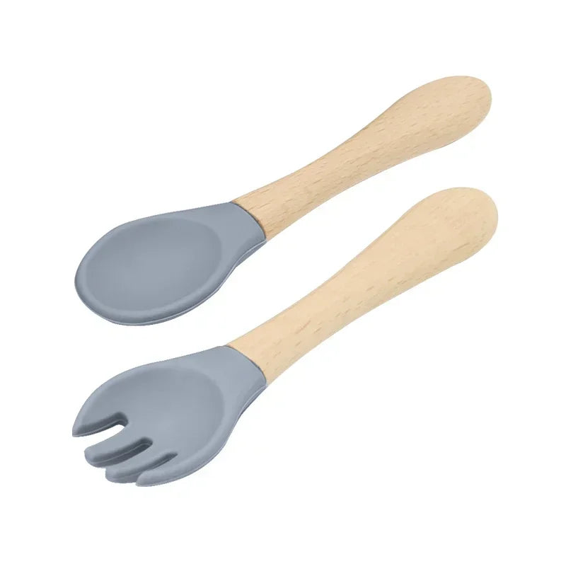 Grey Silicone Baby Spoon and Fork Set with Wooden Handles