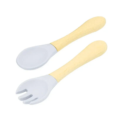 Grey Silicone Baby Spoon and Fork Set with Wooden Handles