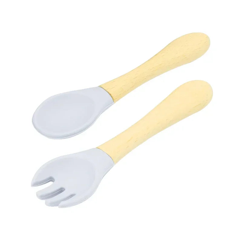 Grey Silicone Baby Spoon and Fork Set with Wooden Handles