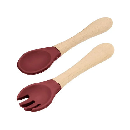 Deep Red Silicone Baby Spoon and Fork Set with Wooden Handles for Infant Feeding