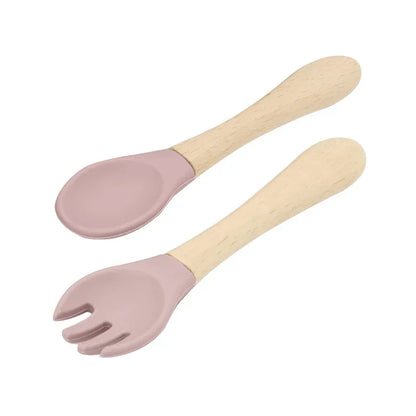 Pink Silicone Baby Spoon and Fork Set with Wooden Handles