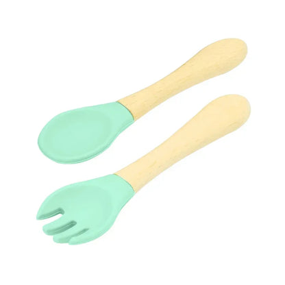 Green Silicone and Bamboo Utensil Set for Toddlers with Fork and Spoon