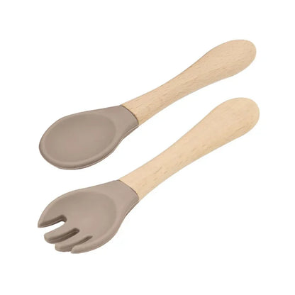 Taupe Silicone Baby Spoon and Fork Set with Wooden Handles