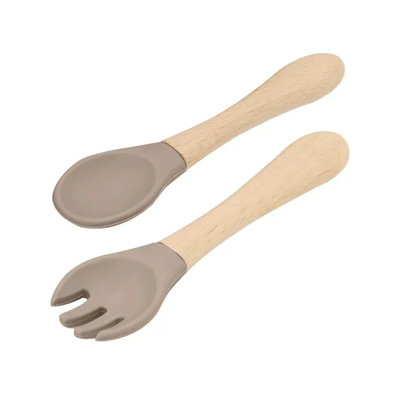 Taupe Silicone Baby Spoon and Fork Set with Wooden Handles