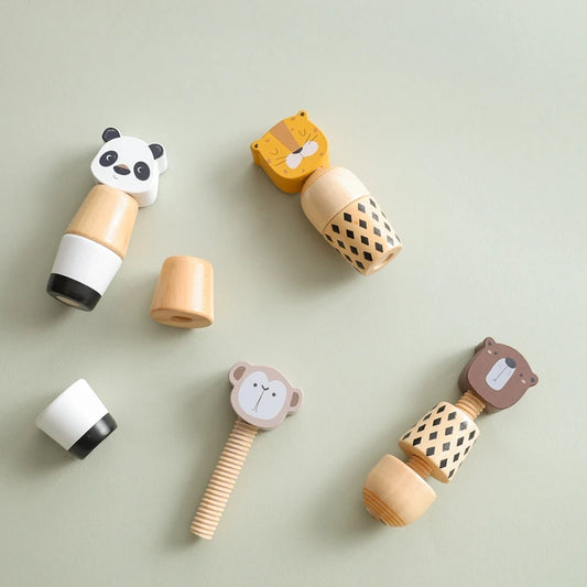 Variants of wooden animal stacking toys featuring bear, panda, monkey, and tiger designs, each with wooden cylindrical and screw-shaped components, designed for children's motor skill development and imaginative play.